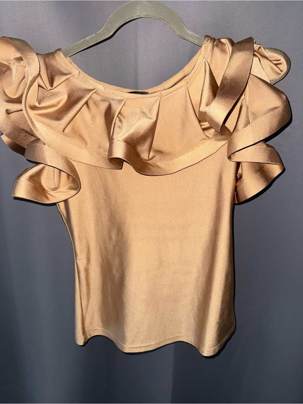 Gracia Satin Ruffle Off-Shoulder Top in Champagne Gold
